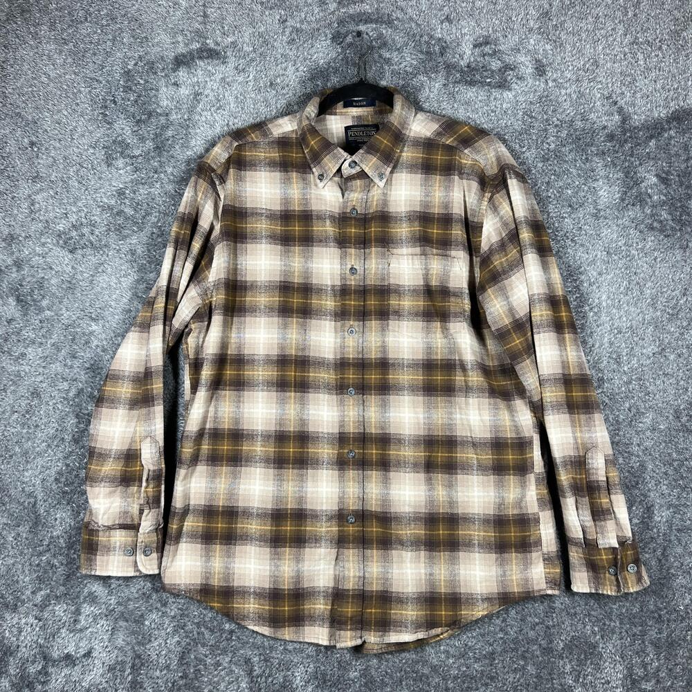 Pendleton Shirt Mens L Brown Plaid Long Sleeve Button Up Flannel Cotton Mason